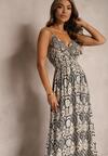 Rochie Negru-Bej în Stil Boho cu Bretele cu Elastic în Talie Felorea