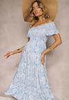 Rochie din Bumbac Albastră tip Bardot cu Volan Discret Risalins