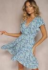 Rochie albastră din bumbac cu imprimeu floral mic, decolteu tip portfard și elastic în talie Calnea