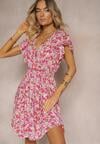 Różowa Sukienka z Bawełny w Drobne Kwiaty z Kopertowym Dekoltem i Gumką w Talii Calnea