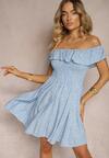 Rochie Albastră Florală Spaniolă din Bumbac cu Elastic în Talie Nevima