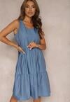 Rochie bleu deschis din bumbac cu croială evazată fără mâneci Ajonne