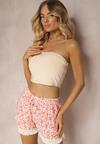 Șort Roz din Vâscoză High Waist cu Elastic în Talie Imprimeu Floral și Franjuri Orifea