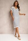 Rochie-pulover alb-bleumarin croi drept cu guler și mânecă scurtă Memorea