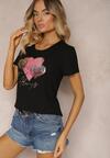 Czarny T-shirt z Bawełny Ozdobiony Nadrukiem w Kształcie Serc Hennea