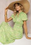 Rochie trapezoidală verde deschis din bumbac cu mâneci bufante, volane și elastic în talie Vimayana