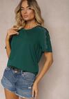 Ciemnozielony Bawełniany T-shirt Wykończony Cyrkoniowym Zdobieniem przy Rękawach Lalflea