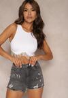 Ciemnoszare Jeansowe Szorty High Waist z Ozdobnymi Przetarciami Vimalira
