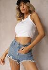 Niebieskie Jeansowe Szorty z Bawełny High Waist Wykończone Cyrkoniami i Przetarciami Tiamelba