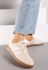 Beżowe Sneakersy ze Skóry Naturalnej na Płaskiej Podeszwie Wykończone Paskami Navinda