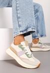 Beżowo-Zielone Sneakersy na Płaskiej Podeszwie Ozdobione Geometrycznym Motywem Neveirae