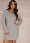 Szara Sukienka o Dopasowanym Fasonie z Kołnierzykiem w Prążki Merisla