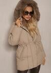 Beżowa Kurtka Pikowana ze Ściągaczem w Talii Odpinanym Futerkiem i Kapturem Zailia