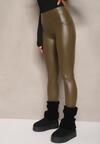 Zielone Legginsy z Imitacji Skóry High Waist z Polarem Labrinne