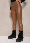 Jasnobrązowe Legginsy z Ekoskóry High Waist z Imitacjami Kieszeni Salabria