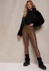 Brązowe Legginsy z Imitacji Skóry High Waist z Polarem Selabra