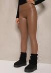 Jasnobrązowe Legginsy z Imitacji Skóry High Waist z Polarem Selabra
