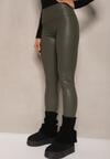 Ciemnozielone Legginsy z Imitacji Skóry High Waist z Polarem Selabra