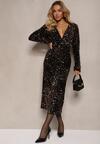 Złoto-Czarna Cekinowa Sukienka z Kopertowym Dekoltem Ozdobiona Marszczeniem Bonitha