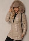Beżowa Kurtka Pikowana  o Długim Kroju Ozdobiona Sznurkami i Odpinanym Futerkiem Lorrina