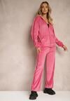 Fuksjowy Welurowy Komplet Dresowy Bluza z Kapturem i Spodnie Typu Jogger z Lampasem Florira
