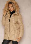 Beżowa Trapezowa Kurtka z Pikowanymi Przeszyciami i Kapturem z Odpinanym Futrem Deoiala