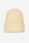 Beżowa Czapka Beanie z Wiskozą z Prążkowanego Materiału Ozdobiona Metaliczną Nicią Temitana