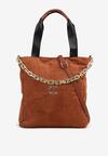 Brązowa Torebka Shopper z Ekozamszu Zdobiona Eleganckim Łańcuszkiem Leathraen