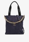 Granatowa Torebka Shopper z Ekozamszu Zdobiona Eleganckim Łańcuszkiem Leathraen