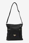 Czarna Torebka Typu Listonoszka z Ozdobną Metalową Aplikacją i Regulowanym Paskiem Tobira