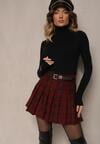 Bordowe Trapezowe Spódnico-Spodenki Plisowane z Wiskozą High Waist w Kratę z Paskiem Filiana