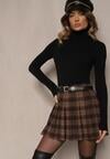 Brązowe Trapezowe Spódnico-Spodenki Plisowane z Wiskozą High Waist w Kratę z Paskiem Filiana