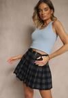Granatowe Trapezowe Spódnico-Spodenki Plisowane z Wiskozą High Waist w Kratę z Paskiem Filiana