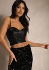 Czarny Cekinowy Top na Ramiączkach z Dekoltem w Kształcie Serca Senitha