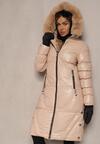 Jasnobeżowa Długa Kurtka Pikowana z Kapturem i Odpinanym Futerkiem Semivin