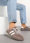 Brązowe Płaskie Sneakersy ze Skóry Naturalnej z Ozdobnymi Paskami Nelarielis