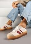 Beżowo-Bordowe Sneakersy na Płaskiej Podeszwie z Ozdobnymi Paskami Velali