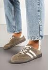 Ciemnobeżowe Płaskie Sneakersy ze Skóry Naturalnej z Ozdobnymi Paskami Nelarielis