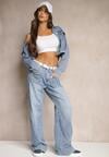 Niebieskie Szerokie Jeansy High Waist z Naszytymi Kieszeniami z Przodu Delaniel