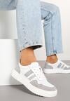 Biało-Szare Płaskie Sneakersy ze Skóry Naturalnej Ozdobione Paskami i Perforacją Floriwa