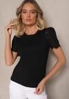 Czarny T-shirt z Bawełny Ozdobiony Ażurowym Wzorem na Rękawach Nalasea