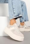 Beżowe Sneakersy Typu Tenisówki na Żłobionej Platformie Ozdobione Wężowym Motywem Lorreia