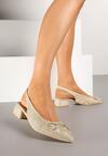 Beżowe Czółenka na Słupku Typu Slingback Ozdobione Kokardą i Perełkami Calretis