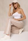 Beżowe Legginsy Flare High Waist z Marszczeniem i Lampasami Kirsena