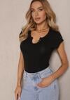 Czarny Dopasowany T-shirt z Ozdobnymi Guziczkami i Wycięciem przy Dekolcie Benolla