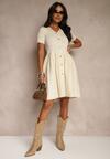 Jasnobeżowa Wiskozowa Sukienka Rozkloszowana Zdobiona Guzikami i Plisami Alulassa
