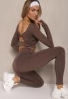 Brązowy Komplet Sportowy Legginsy High Waist i Longsleeve z Ozdobnym Tyłem Dasalle