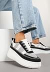 Czarno-Białe Sneakersy na Tłoczonej Platformie z Ozdobnymi Przeszyciami Faloviela