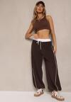 Brązowe Dresowe Spodnie z Wiskozą High Waist Ozdobione Lampasami Maiviona