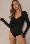 Czarne Eleganckie Body Longsleeve z Ozdobnym Marszczeniem Zimanya
